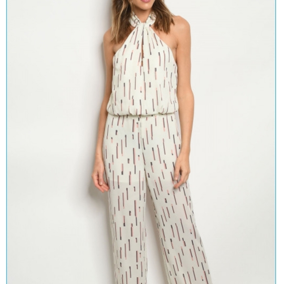 New w/tags White striped Jumpsuit w/halter tie - Picture 6 of 10